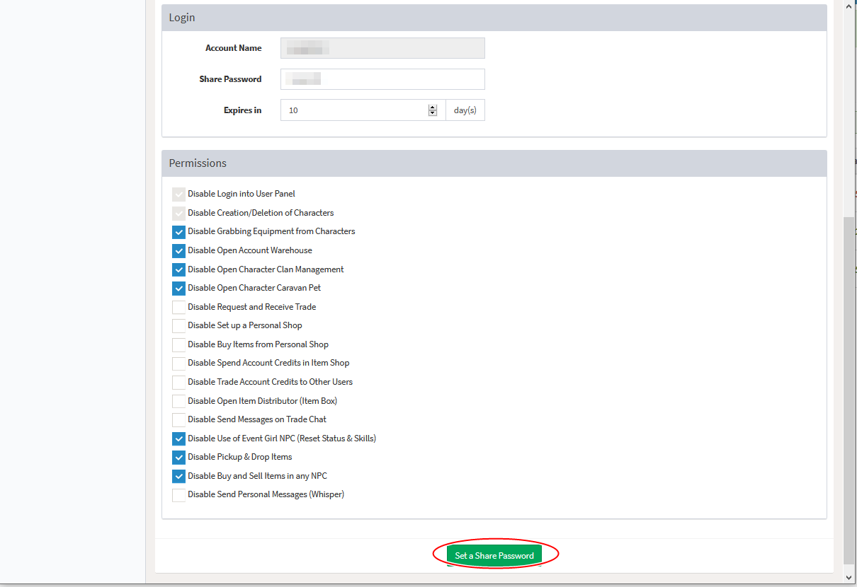 Configuração da Share Password